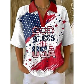 American Independence Day Women's Waffle T-shirt Textured Knit Tops Graphic American Flag Elegant Vintage Stylish Half Sleeve Polo Collar Regular Tops Casual D