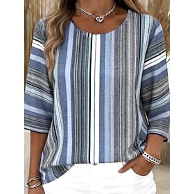 Camicie da donna effetto lino, blusa stampa a righe grafica geometrica a righe bohémien tropicale elegante manica a 3/4 mezza manica girocollo top regolari abb