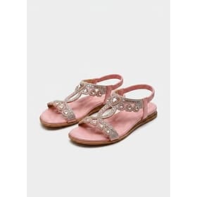 Women's Pink Boho Sandals with Rhinestone Heart Details – Elegant and Sparkly Flats for Summer, Beach and Vacation Wear
