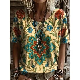 Music Festival Women's T Shirt Print Floral Graphic Plants Vintage Stylish Casual Short Sleeve Crew Neck Round Neck Long Tops Casual Daily Yellow Pink Summer S