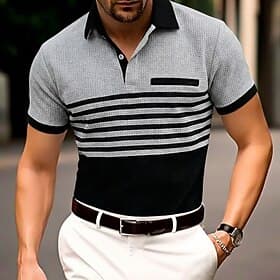 Men's Golf Shirt Waffle Knit Polo Shirt Casual Business Classic Short Sleeve Fashion Modern Solid Color Striped Buttons Summer Spring Regular Fit White Royal B