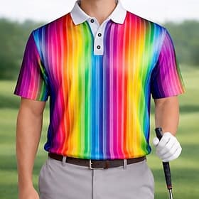 Men's Color Block Golf Sports Polo Shirts Short Sleeve Polo Shirts Collared Shirts Casual Athleisure Daily Wear 3D Print Buttons Spring  Summer Rainbow