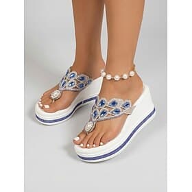 Women's White Platform Wedge Sandals, Rhinestone Embellished Thong Sandals for Vacation Dinner, Resort Evenings  Summer Parties