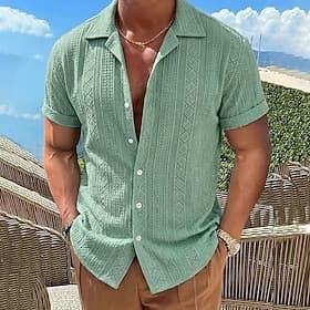 Men's Shirt Texture Button Down Shirt Jacquard Shirt Blue Black White Navy Blue Purple Short Sleeve Geometric Lapel Casual Daily Jacquard Clothing Apparel Stre
