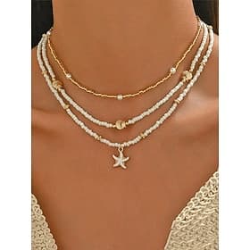 Ensemble collier ras-de-cou à trois rangs avec pendentif étoile de mer en alliage bohème pour femme, bijoux de plage pour filles et femmes, idéal pour les voya
