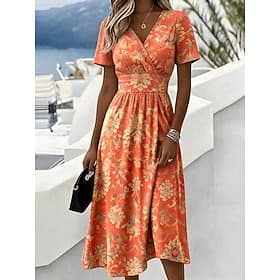 Mulheres Vestido midi Vestido A Line Férias Casual Boho Normal Gráfico Geométrica Manga Curta Decote V Azul Roxo Laranja Verão Primavera