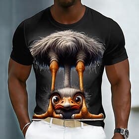 Funny Ostrich 3D Graphic Men's T Shirt CGI Animated Animal Design Quirky Humorous Short Sleeve Crew Neck Black Casual Tee Unique Gift for Men Designer Clothing