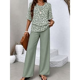 Women's Pants Sets Short Sleeve Half Sleeve Butterfly Sleeve Round Neck Floral Graphic Elegant Vacation Casual Daily Beach Purple Green Spring  Summer Regular
