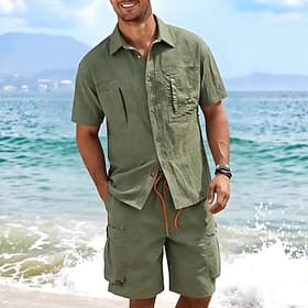 Men's Shirt Shirt Set Casual Shirt Cargo Shirt Black Yellow Green khaki Coffee Short Sleeve Plain Shirt Collar Casual Daily Front Pocket Clothing Apparel Fashi