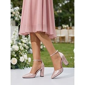 Women's Gold Metallic Block Heel Pumps, Pointed Toe Ankle Strap Elegant Dress Shoes for Wedding Guest, Garden Wedding  Formal Events