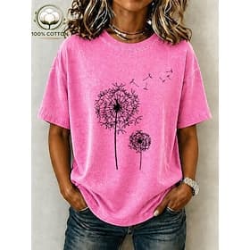Damen 100% Baumwolle T Shirt Vintage-gewaschene Tops Druck Grafik Pflanzen Stilvoll Basic Kurzarm Rundhalsausschnitt Normale Oberteile Lässig Täglich Blau Schw