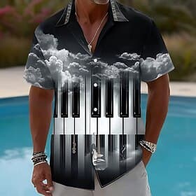 Men's Piano Musical Notes Shirt Button Up Shirt Camp Collar Shirt Short Sleeve Vintage Retro Music Festival Casual Daily Summer Spring Cuban Collar 3D Print Bl