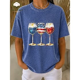 American Independence Day Women's 100% Cotton T Shirt Vintage Washed Tops Print Graphic Flag Stylish Basic Casual Short Sleeve Crew Neck Long Tops Casual Daily