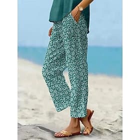 Damen Kunstbaumwollleinen Weites Bein Freizeithose Sommerhose Urlaub Mode Streetwear Volle Länge Mittlere Taille Blumen Grafik Tasche Elastischer Bund Druck Be