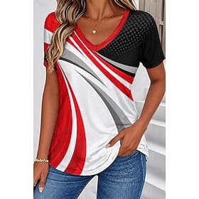 Damen T Shirt Druck Grafik Geometrisch Stilvoll Klassisch Lässig Kurzarm V Ausschnitt Normale Oberteile Lässig Täglich Blau Schwarz Rote Orange Grün Sommer Frü