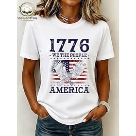 American Independence Day Women's 100% Cotton T Shirt Print Graphic American Flag Vintage Stylish Casual Short Sleeve Crew Neck Regular Tops Casual Daily Weeke