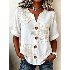 Damen Hemd Druck Grafik Geometrisch Elegant Vintage Stilvoll Dreiviertelarm V Ausschnitt Lange Oberteile Lässig Täglich Ferien Weiß Sommer Frühling
