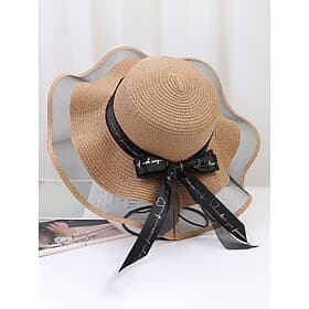 Women's Bohemian Straw Sun Hat, Multi-Color Foldable Wide Brim Floppy Beach Hat with Wavy Edge and Bow Ribbon for Vacation Travel, Resort Style and Everyday Ca
