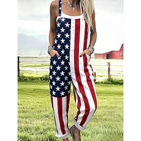 American Independence Day Women's Overall Active Graphic Sleeveless Sleeveless Straight Square Neck Patchwork Pocket Daily Beach Loose Fit Blue Red Summer thumbnail 2