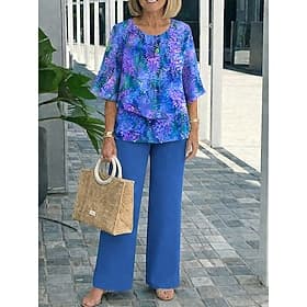 Women's Pants Sets 3/4 Length Sleeve Round Neck Floral Graphic Elegant Vacation Casual Daily Vacation Red Royal Blue Purple Summer Regular Fit
