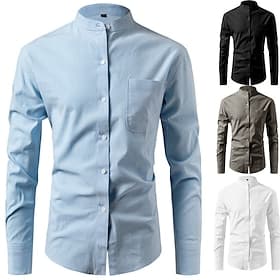 Men's Shirt Dress Shirt Button Up Shirt 100% Cotton Plain Daily Outdoor Black White Dark Green Light Sky Blue Long Sleeve Mandarin Collar Summer Spring Clothin