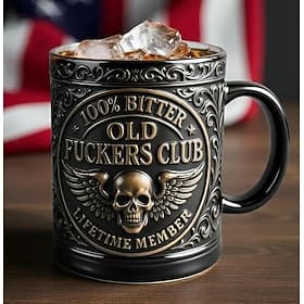 Old Fckers Club Lifetime Member Mug, 10oz Resin Coffee Cup with Vintage Skeleton Design, Bold Humor Drinkware for Daily Use, Old Fuckers Gag Gift for Men  Old