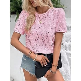 Women's T Shirt Tee Top Sequins Solid Color Fashion Classic Casual Short Sleeve Crew Neck Regular Tops Daily Going out Weekend Black White Pink Gold Rainbow Su