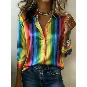 Women's Shirt Satin Shirt Print Graphic Rainbow Striped Vacation Fashion Daily Long Sleeve Shirt Collar Regular Tops Daily Holiday Going out Rainbow Summer Spr