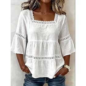 Per donna Blusa Bordo in pizzo Tinta unica Quotidiano Elegante Essenziale Manica 3/4 Collo quadrato Top Regolari Casuale Quotidiano Blu Nero Bianco Verde Estat