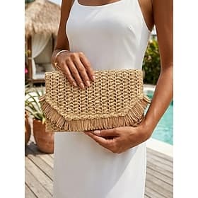 Bolso de mano bohemio de paja para mujer, bolso multicolor con borla decorativa, bolso ligero y elegante para vacaciones en la playa, fiestas en la playa y uso