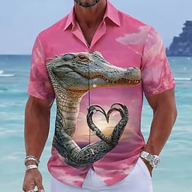Men's Animal Crocodile Heart-shaped Summer Hawaiian Shirt Tropical Shirts Aloha Shirt Short Sleeve Hawaiian Funny Vacation Beach Wear Summer Spring Turndown 3D