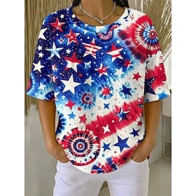 American Independence Day Women's Waffle T-shirt Textured Knit Tops Graphic American Flag Stylish Classic Short Sleeve Crew Neck Regular Tops Casual Daily Blue