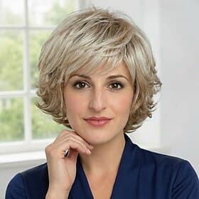 Perruque bob courte dégradée blond cendré avec frange pour femme - postiche synthétique ondulé et méché à l'aspect naturel
