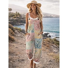 Damen Overall Aktiv Blumen Ärmellos Ärmellos Gerade Quadrathals Tasche Druck Täglich Strand Lässiger Schnitt Rosa Sommer