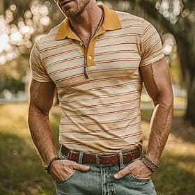 Men's Striped Polo Shirts Short Sleeve Polo Shirts Collared Shirts Casual Athleisure Buttons Spring  Summer Blue Yellow Purple