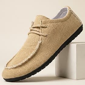 Men's Beige Knit Casual Loafers Lace-Up Lightweight Breathable Comfort Walking Shoes for Daily Wear, Travel, Driving, Weekend Outfits, Outdoor Leisure and Rela
