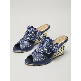 Sandali con zeppa blu decorati da donna, scarpe eleganti slip-on a punta aperta per la madre della sposa, matrimonio in giardino eventi formali