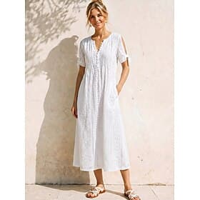 Women's Midi Dress White Dress Eyelet Dress Fashion Modern Beach Vacation Holiday Regular Fit Floral Short Sleeve V Neck Blue White Purple Summer Spring