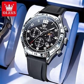 Montre chronographe pour homme Olevs, bracelet en silicone noir, montre sport étanche avec date et phases de lune, montre analogique à quartz élégante et décon