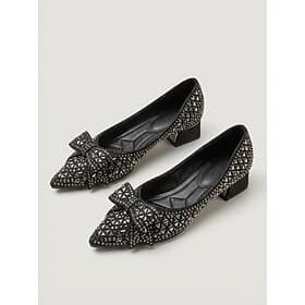 Women's Black Rhinestone Block Heel Pumps, Pointed Toe Bow Detail Elegant Dress Shoes for Mother of the Bride, Garden Wedding  Formal Events