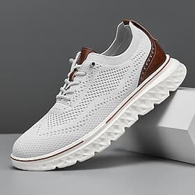 Men's White and Brown Knit Slip-On Sneakers, Flexible Low-Top Casual Shoes, Breathable Comfort for Daily Wear, Travel and Weekend Outings