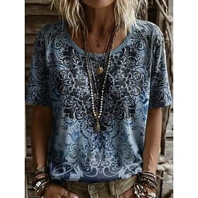 Women's T Shirt Print Floral Graphic Fashion Stylish Classic Short Sleeve Crew Neck Regular Tops Casual Daily Weekend Blue Brown Green Summer Spring