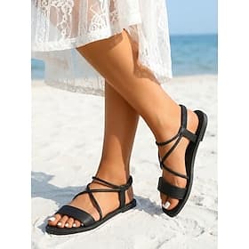 Women's White Strappy Sandals - Comfortable Flat Summer Shoes with Crisscross Slender Straps  Elastic Back for Beach Vacations and Island Travel