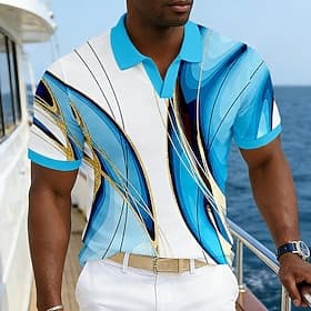 Men's Geometic Hawaiian Polo Shirts Short Sleeve Polo Shirts V Neck Casual Resort Athleisure Daily Wear Vacation Wear 3D Print Spring  Summer Blue Navy Blue Pu