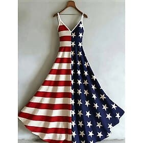 American Independence Day Women's Maxi Dress Sundress A Line Dress Slip Dress Vacation Casual Beach Going out Regular Fit Graphic Sleeveless V Neck Blue Dark R