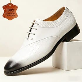 Men's White Croc-Embossed Oxford Dress Shoes with Black Cap Toe, Classic Lace-Up Formal Shoes for Gentlemen, Ideal for Weddings, Business Events, Banquets and