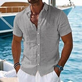 Herren Hemd Leinenhemd Sommerhemd Strandhemd Sommer Hawaiihemd Einfarbig Lässig Täglich Schwarz Weiß Hellgrün Rosa Kurzarm Kragen Frühling  Sommer Sommer Bekle