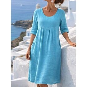 Women's Midi Dress Shift Dress Summer Dress Casual Daily Loose Fit Plain 3/4 Length Sleeve V Neck Blue Summer Spring
