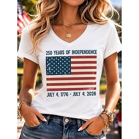 American Independence Day Women's T Shirt Print Graphic Flag Letter Vintage Stylish Classic Short Sleeve V Neck Regular Tops Casual Daily White Summer Spring