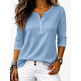 Women's Waffle T-shirt T Shirt Tee Top Buttons Solid Color Elegant Fashion Short Sleeve V Neck Regular Tops Casual Daily Light Blue claret White Pink khaki Sum